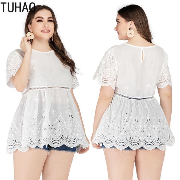 

tuhao 2020 plus size 4xl 3xl women white short sleeve tunic blouse large size women lace shirts plus femininas wm