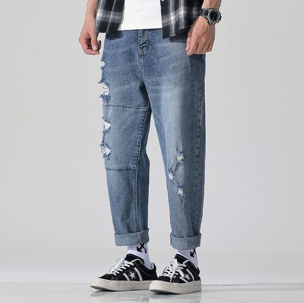 

new jeans street p fattening and large size jeans fashion men do old color washed white loose high-end quality, Blue