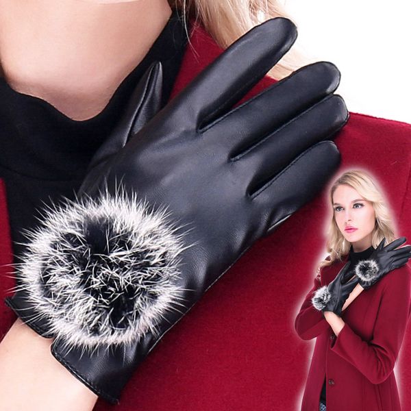 

touch screen gloves pu leather women gloves waterproof fur pompom thick warm spring winter handschoenen, Blue;gray