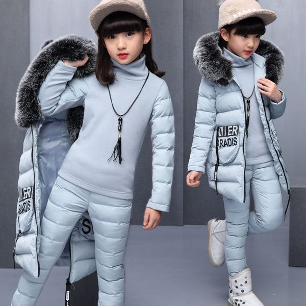

Girls Clothing Sets for Russia Winter Hooded Warm Vest Jacket+Warm Top Cotton Pants 3 Pieces Set Girl Cotton Coat with Fur Hood, Black