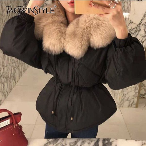 

twotwinstyle cotton coat female fur collar long sleeve drawstring plus thick warm 2018 winter womens overcoat fashion korean, Black