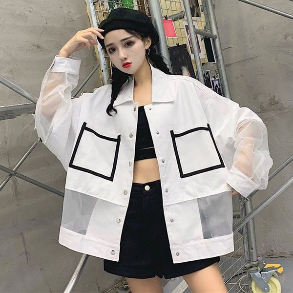 

2019 spring autumn fashion streetwear see through mesh patchwork oversize jacket women sweet girls spring coat, Black;brown