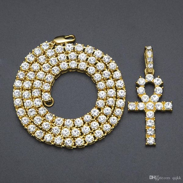 

мужские bling iced out египетский анк ключ ожерелье позолоченный hip hop черный кристалл кубинская link chain мужчины ювелирные изделия 5.5m, Silver