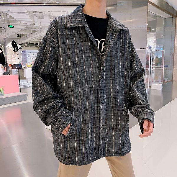 

2019 spring and autumn long loose shoulder plaid shirt coat embroidery lattice outside men's shirt brown / dark gray s-xl, White;black