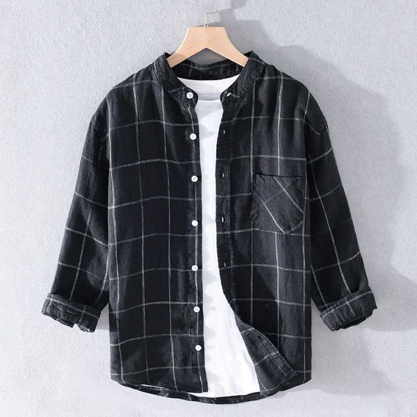 

men's casual shirts 100% linen three-quarter sleeved large plaid summer men brand stand collar shirt for fashion mens camisa, White;black