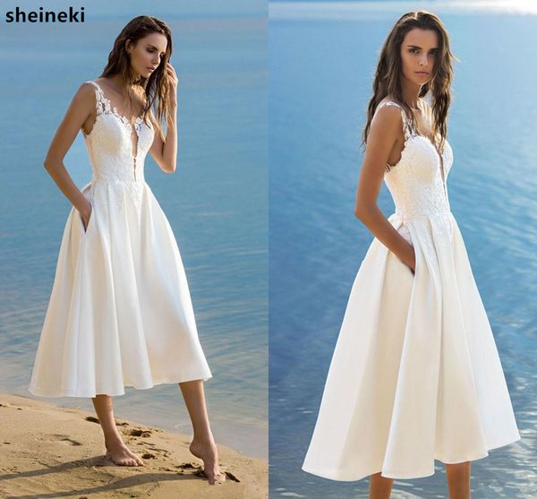 

Little White Satin Jewel Neck Lace Appliques Beach Wedding Dress Sleeveless Tea Length Robe de Marriage Boho Wedding Gowns Bridal Dress