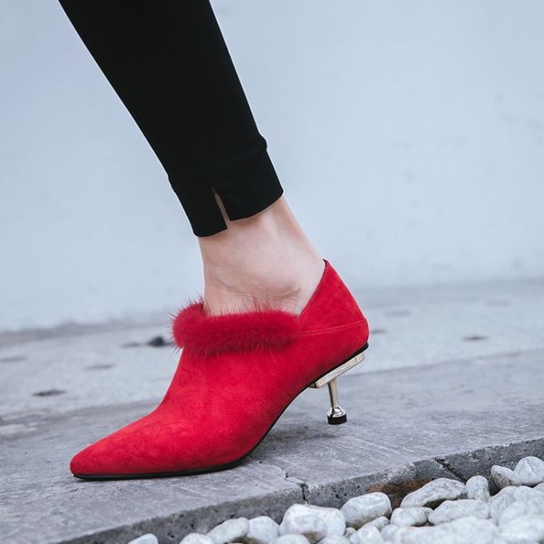 

fashion 2019 new spring women high heels shoes real fur mink hair suede dress party pumps ladies shoes black