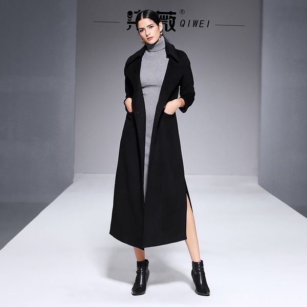 

woolen overcoat women's new autumn and winter super-long overcoat women's black knee-length tweed
