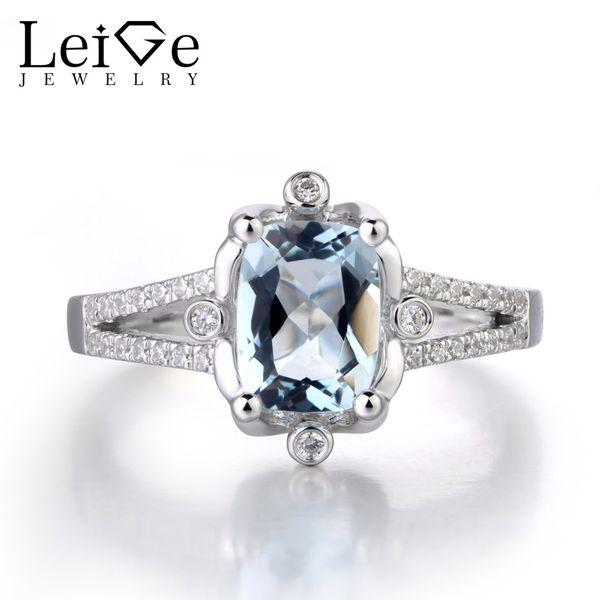 

leige jewelry natural aquamarine march birthstone 925 sterling silver cushion cut engagement rings for woman, Golden;silver