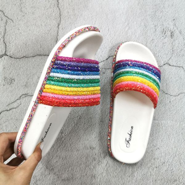 

colorful crystal female slippers for outside wear fashion woman summer shoes thick bottom large size 41 rainbow female slides, Black