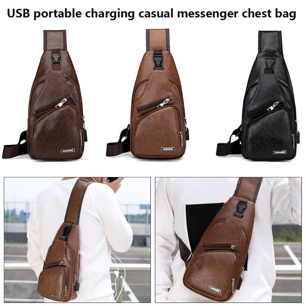 

quality portable outdoor travel men's crossbody bags usb chest bag designer messenger pu leather shoulder bags diagonal package