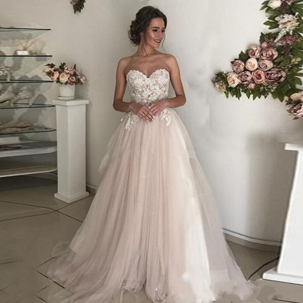 

Blush Pink Vintage Lace Wedding Dresses A Line Summer Beach Garden Wedding Bridal Gowns with Lace Appliqued Gowns For Wedding