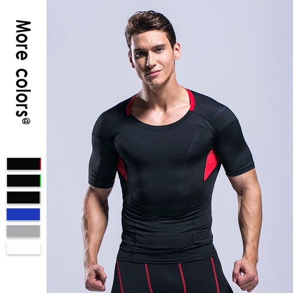 

gym shirt men sports wear mens short sleeve sweats gym workout t shirt quick dry compression running fitness training tees, Black;blue