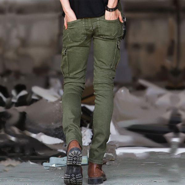 

men's pants fashion motor biker skinny mens zipper pleated cargo army green slim fit male stretchy tactical trousers, Black