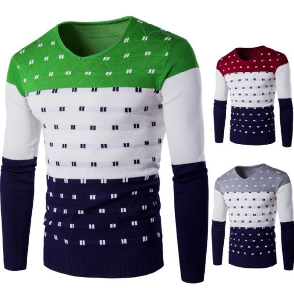 

autumn winter long sleeve v-neck patchwork sweater warm knitted pullover slim fit spring casual sweaters mens, White;black
