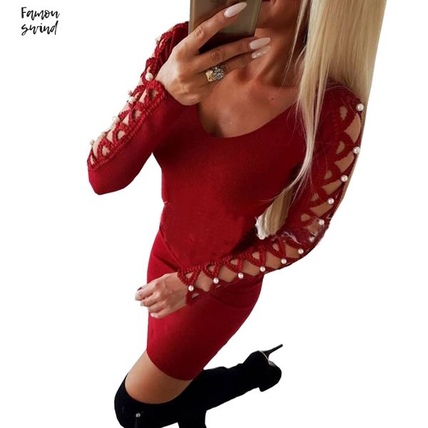 

elegant party women dress sheath bodycon dresses winter short mini pearl crochet long sleeve o neck slim winter sj1178f, Black;gray