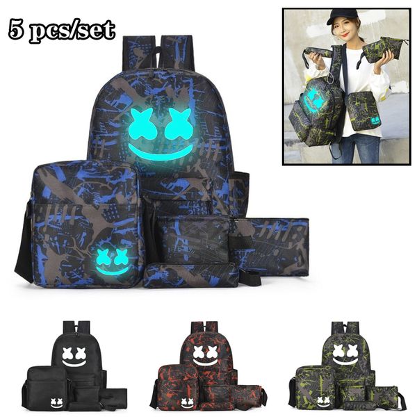 

bpzmd 5 pcs/set marshmallow dj backpack set for boys teenagers student school bags luminous backpack girls travel shoulder bag