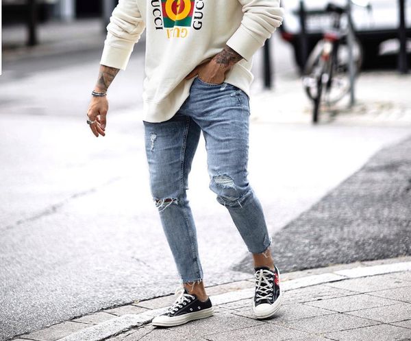 

mens fashion hole burrs zipper pencil pants skinny washed summer casual mid waist jeans mens clothing, Blue