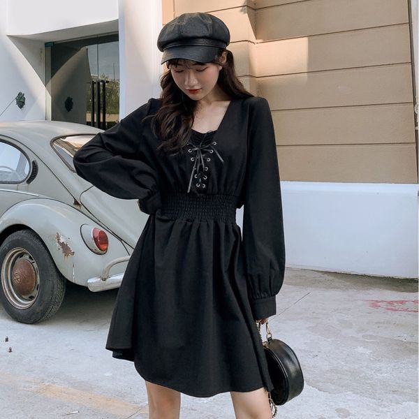 

design sense niche dress french retro court style lace-up v-neck super fairy temperament goddess fan small black dress, White;black