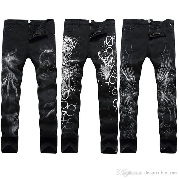 

новый 2019 европа и соединенные штаты тренд мужская личность печати джинсы черный мужской dj стрейч тонкий джинсы, Blue