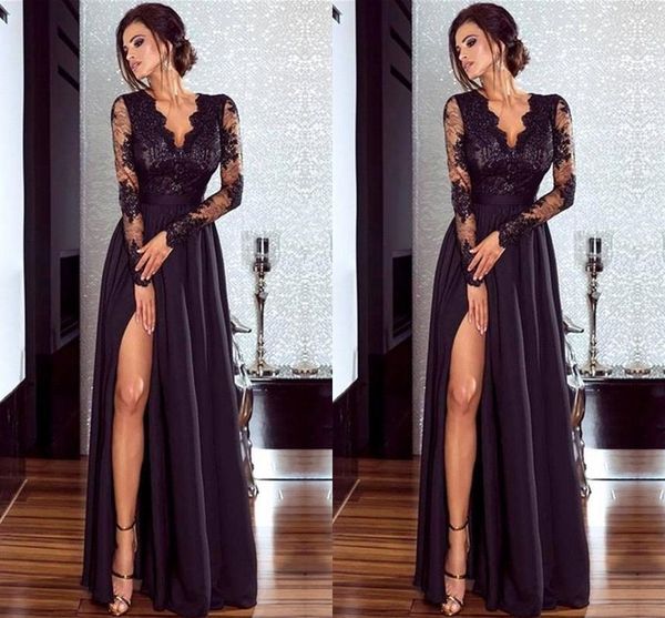 

illusion long sleeve side split dresses evening wear lace v-neck draped evening gowns special occasion dress paolo sebastian prom dresses, Black;red