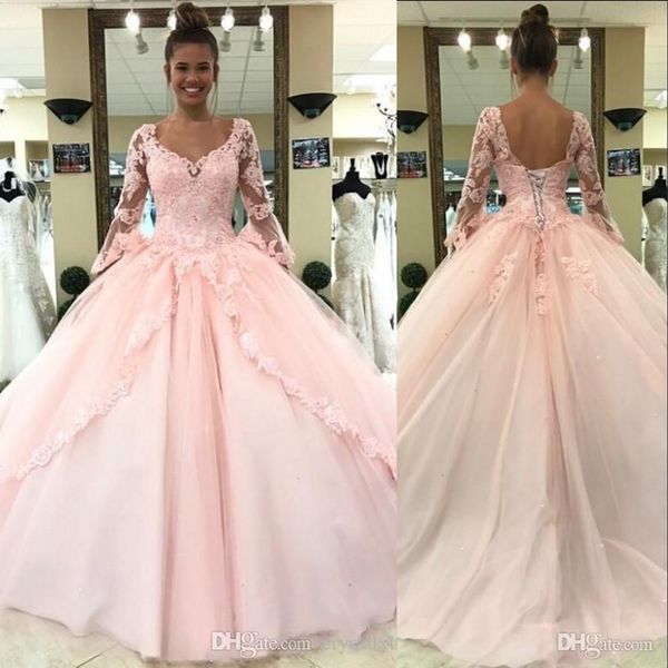 Light Rosa Puffy Quinceanera Vestidos V Pescoço Rendas Appliques Cristal Beads Manga Longa Espartilho Corset Tiered Sweep Trem Doce 16 Vestidos de Noite