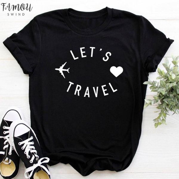 

2020 fashion women t shirt summer lets travel letters printed woman tees black white casual short sleeve female clothing