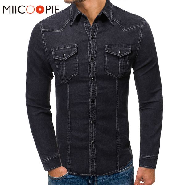 

classic casual denim shirts men long sleeve slim camisa jeans masculina autumn spring turndown collar mens clothing streetwear, White;black