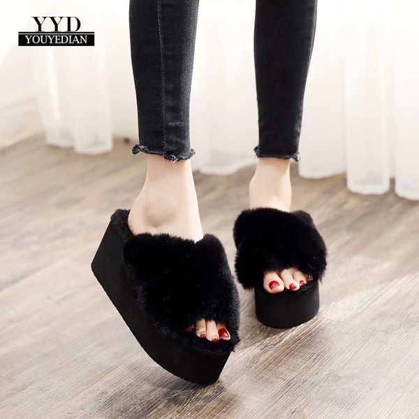

women's open-toe winter fur slippers warm fur plush insole shoes woman casual indoor&outdoor wedges cotton house slippers #1-2, Black