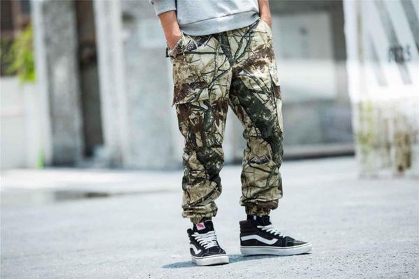 

men multi pocket jungle dersert jog camo cargo pants, Black
