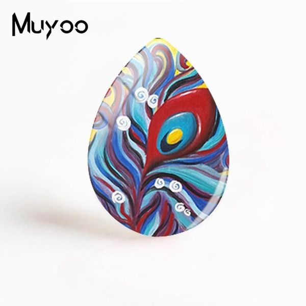 

2019 new peacock feather jewelry art painting tear drop cabochon round p glass dome cabochons gifts women, Blue;slivery
