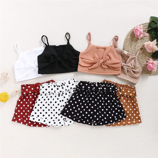 

1-6y kids baby girl clothes sets vintage summer girl 2pcs sling bow vest crop polka dot shorts clothing streetwear, White