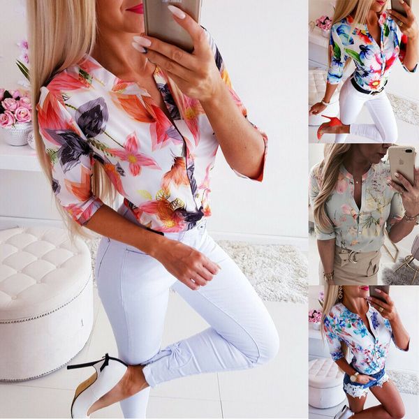 

2019 new arrival summer women 3/4 sleeve floral loose blouses woman female shirt ladies casual button blouse streetwear, White