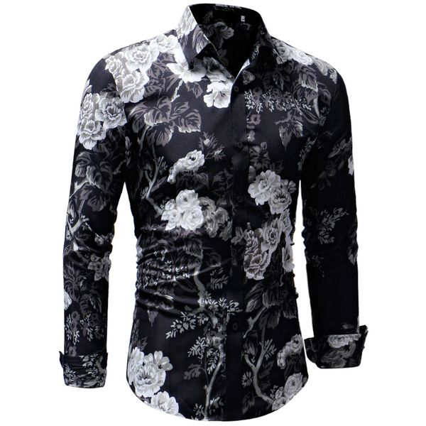 

fashion mens long sleeve hawaiian shirt summer hc casual clothes floral shirts for men camisa masculina, White;black
