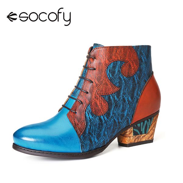 

socofy retro boots irregular stitching genuine leather printing low heel ankle boots elegant shoes women shoes botas mujer 2020, Black