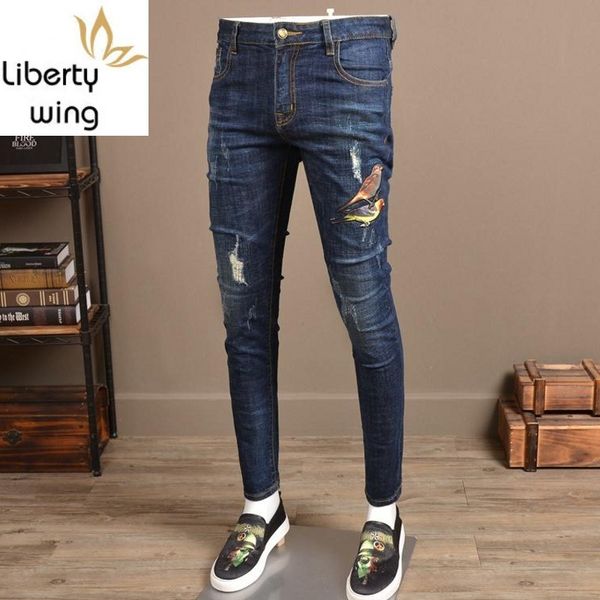 

fashion mens hole ripped jeans animal printing casual stretch slim denim pants men spring fall patchwork trousers male, Blue