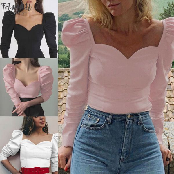 

мода осень блузки женщины 2020 с длинным слоеным рукавом тонкий сексуальный v образным вырезом блузка женский розовый черный повседневный то, White