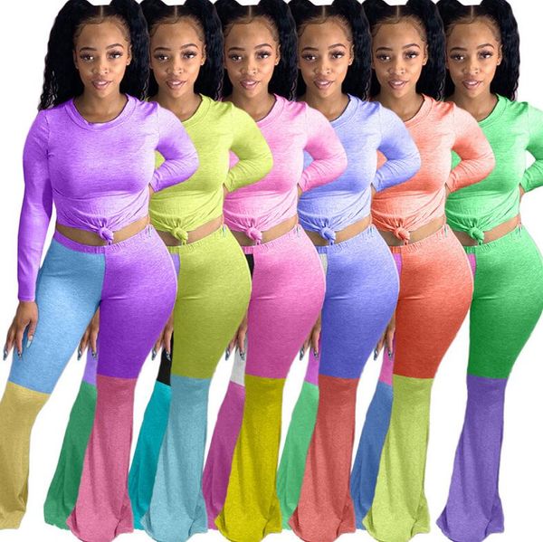 

women tracksuit ins candy color two piece outfits autumn long sleeve t-shirt patchwork flared trousers bell bottom leggings pants sets d8411, White
