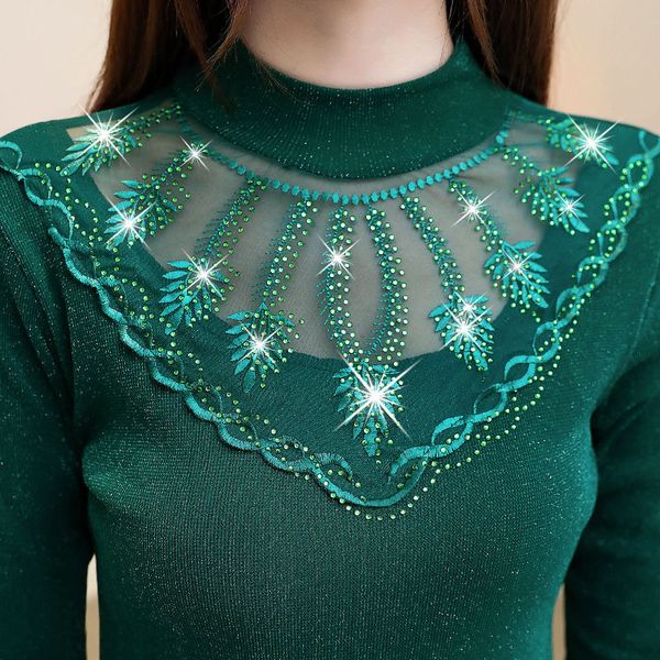 

new women thick lace blouse women's autumn spring winter long sleeve warm thin shirt fashion blouses turtlenneck shirts top, White