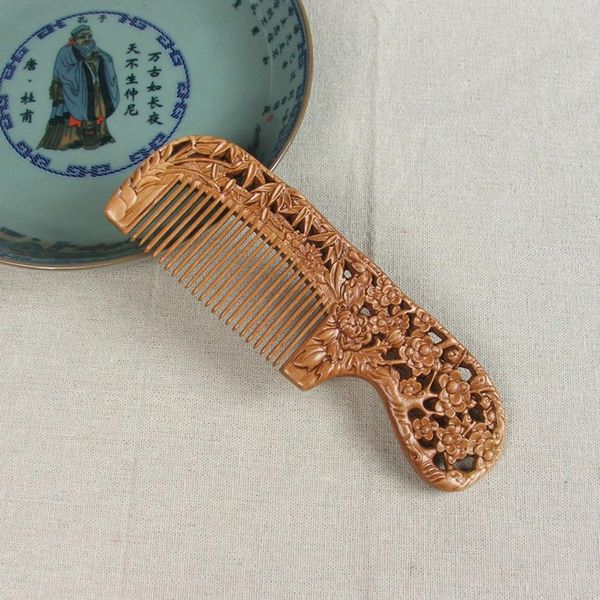 

35# 2019 handmade plum blossoms orchid bamboo chrysanthemum carving natural peach wood anti static comb gift, Silver