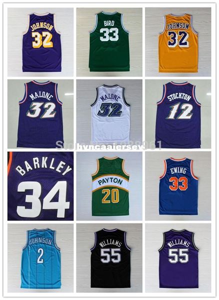 

retro basketball jerseys #33 larry bird #32 johnson #12 stockton karl malone jason williams ewing gary payton kemp barkley jersey ncaa, Black