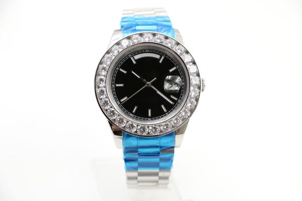 

2020 new model 44mm big diamond silver case fashion day -date black face watch sapphire original clasp automatic mechanical wristwatch, Slivery;brown