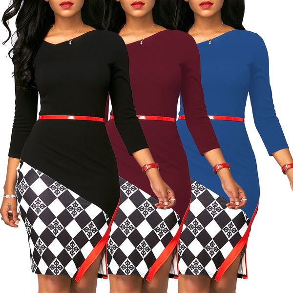 

европейская и американское лето и осень женская одежда с длинными рукавами платья splice hem сплит платье, White;black