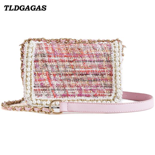

tldgagas 2018 новая мода высокое качество шерсти женщины сумка с жемчугом женская цепь сумка дамы повседневная лоскут crossbody мешок