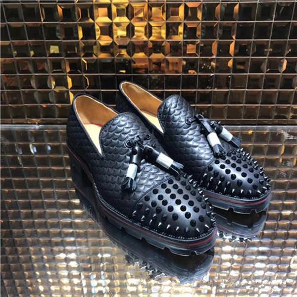 

shippingdesigner men spikes toe genuine leather with tassel loafers red bottom oxfords fashion business dress flats bottom tire shoes, Black