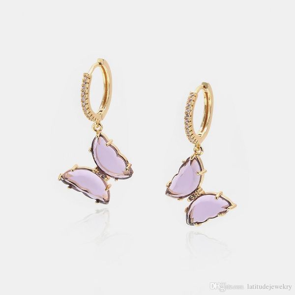

luxury jewelry women pink purple glass butterfly designer earrings copper with gold plated diamond earrings for girl fashion style hoop stud, Golden;silver