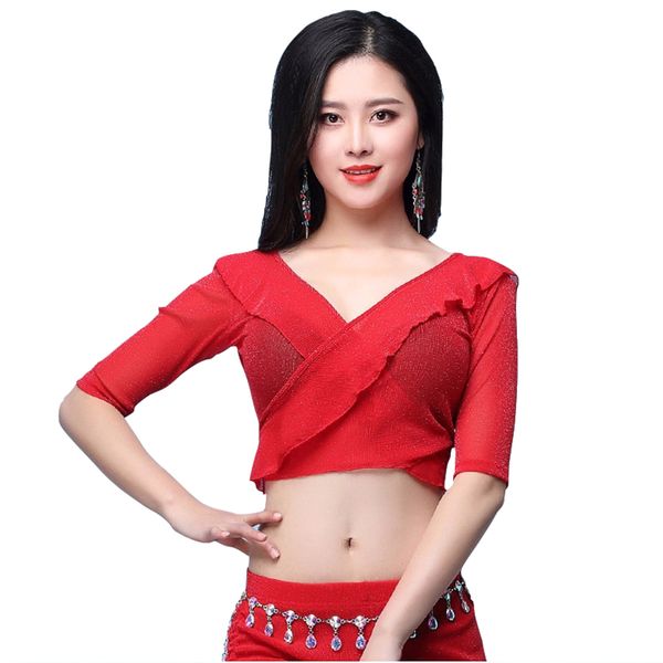 

2018 new belly dance clothes women front cross crop halter deep v neck bellydance elastic, Black;red