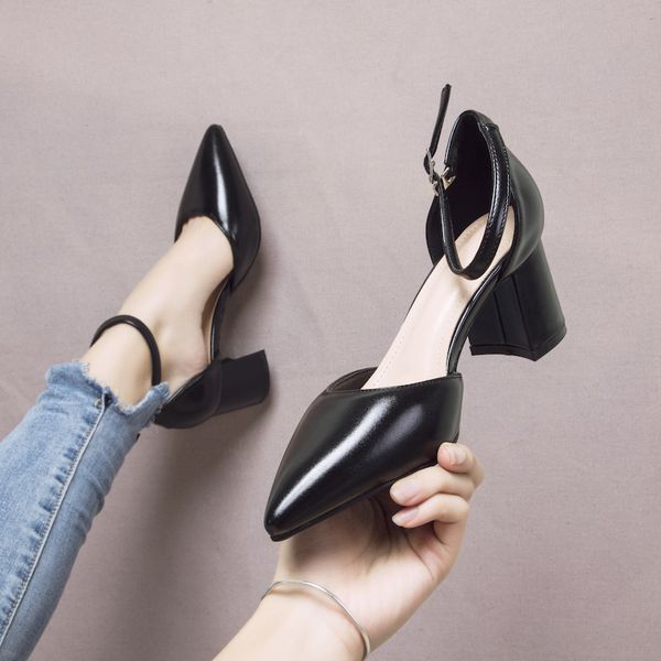 

closed shoes heels lace-up sandals ladies shallow mouth all-match 2019 slip om pointed pumps woman summer gold african, Black