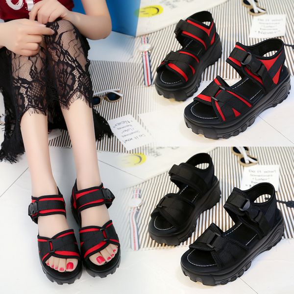 

thick bottomed sandals women's 2017 summer slanted heel platform shoes new style korean-style casual sports sandals students rom, Black