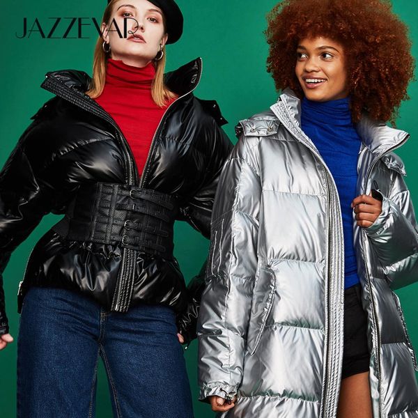 

jazzevar 2018 winter new high fashion street womens edgy sliver long down jackets cool girls zipper hooded down coat outerwear, Black